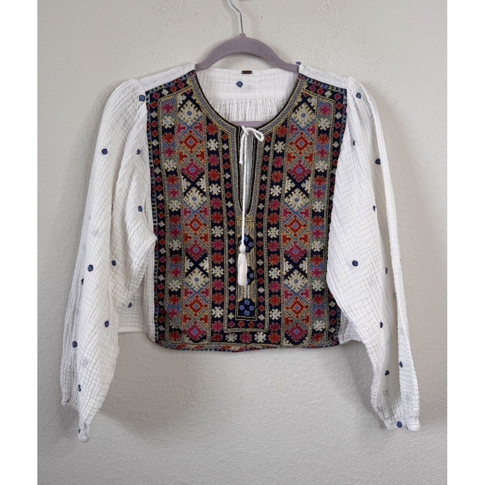 Free People Enter Loveland Embroidered Top Blouse S/M White Boho Folk Peasant